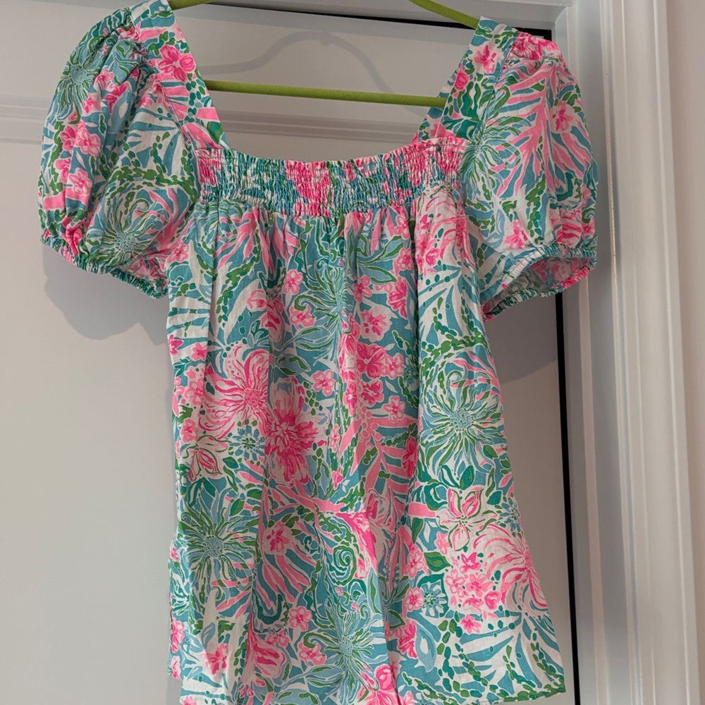 Lilly Pulitzer Pink & Green Puff-Sleeve Floral Top